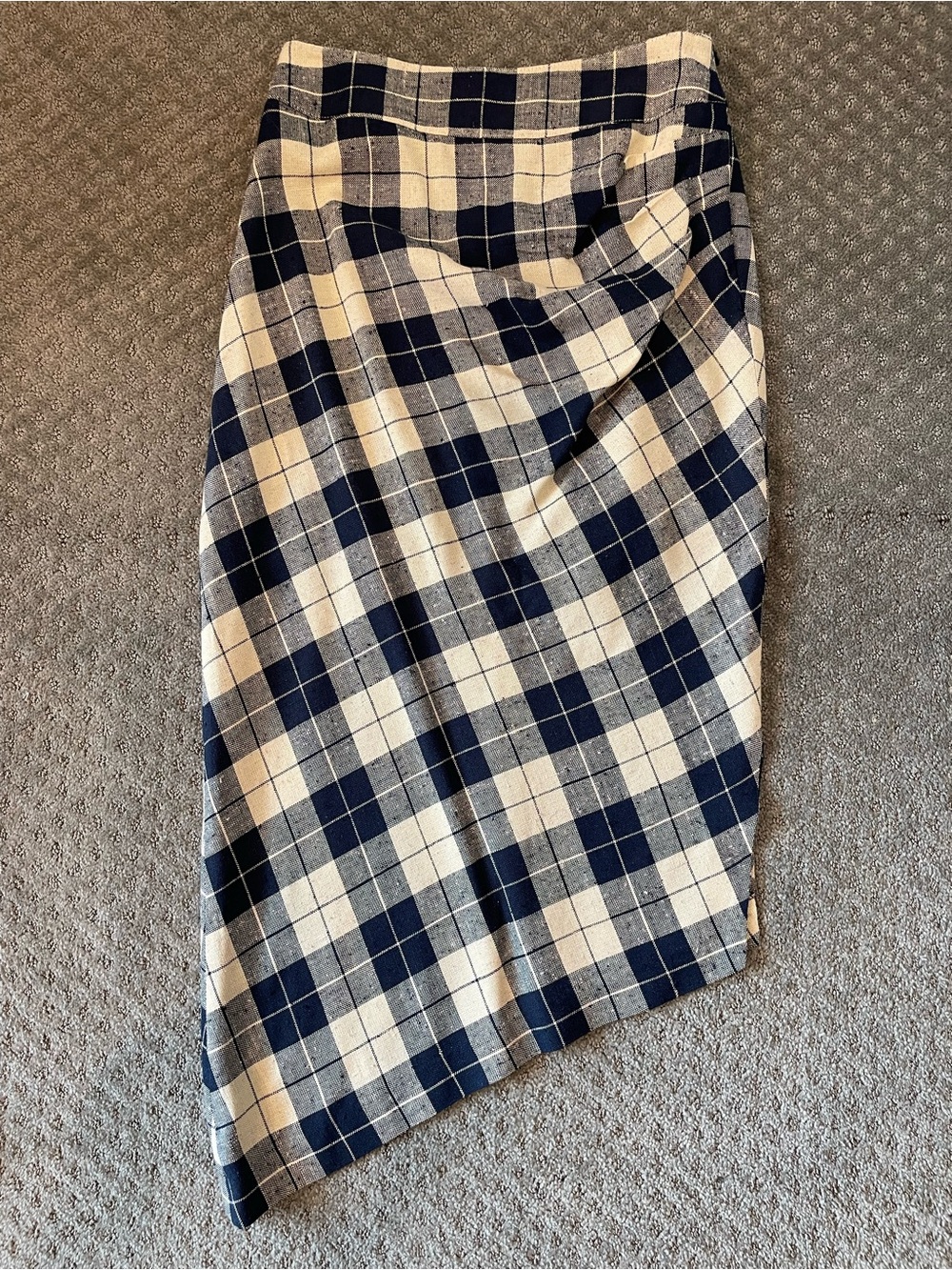 Smythe Navy and Cream Plaid Asymmetrical Midi Skirt